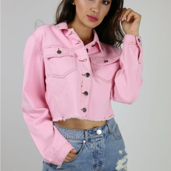 New With Tags! En Creme Denim (L) 'Peppa' Pink Cropped Raw Hem Denim Jean Jacket - Picture 1 of 10